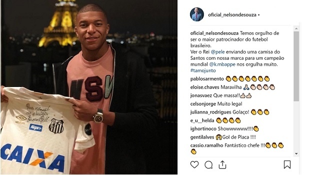 Caixa destaca patrocínio na camisa do Santos que Pele presenteou Mbappe