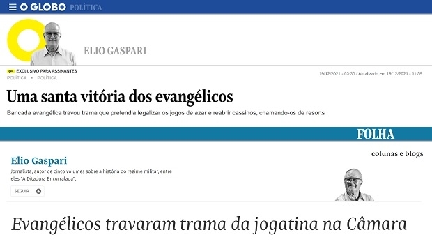 Globo e Folha publicam coluna de Elio Gaspari sobre avanço do jogo na Câmara