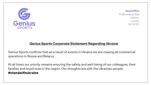 Genius Sports suspends commercial operations in Russia and Belarus