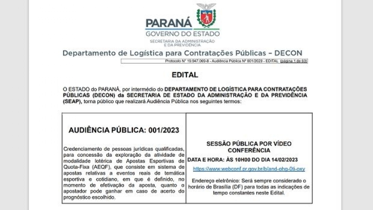 Paraná abre chamamento de audiência pública para concessão das apostas esportivas