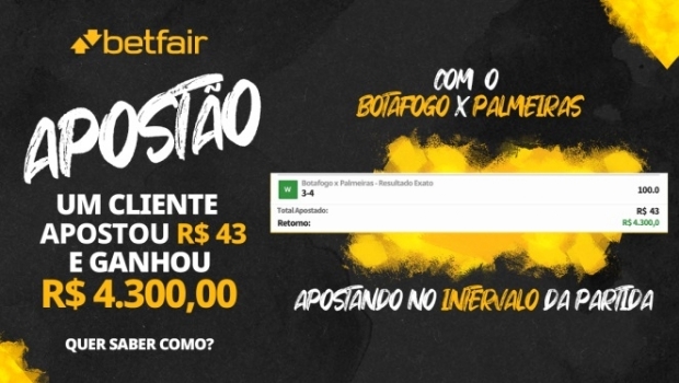 Fan bets R$43 on Palmeiras' 3X4 victory and wins R$4,300 on Betfair