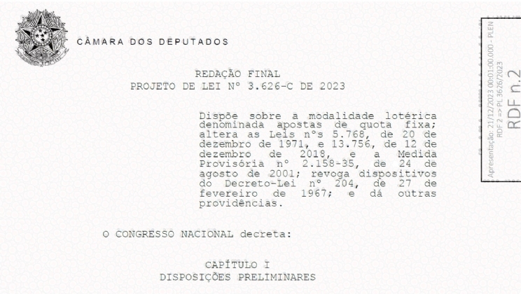 Câmara publica o texto final do PL que regulamenta as apostas esportivas e os cassinos online