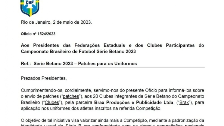 CBF pede a clubes da Série B usar nas camisas patch com Betano e abre conflito com dirigentes