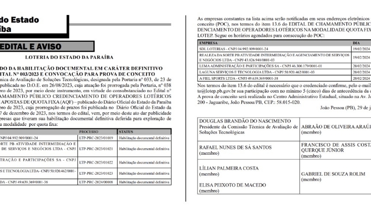 Apostas esportivas: Loteria da Paraíba habilita e convoca cinco operadores para prova de conceito