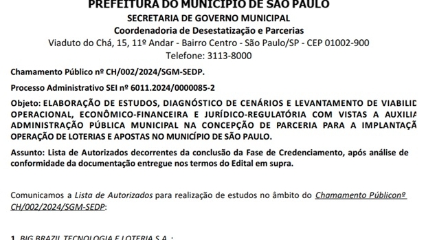 São Paulo City Hall defines 5 companies to carry out studies on municipal lottery and sports betting